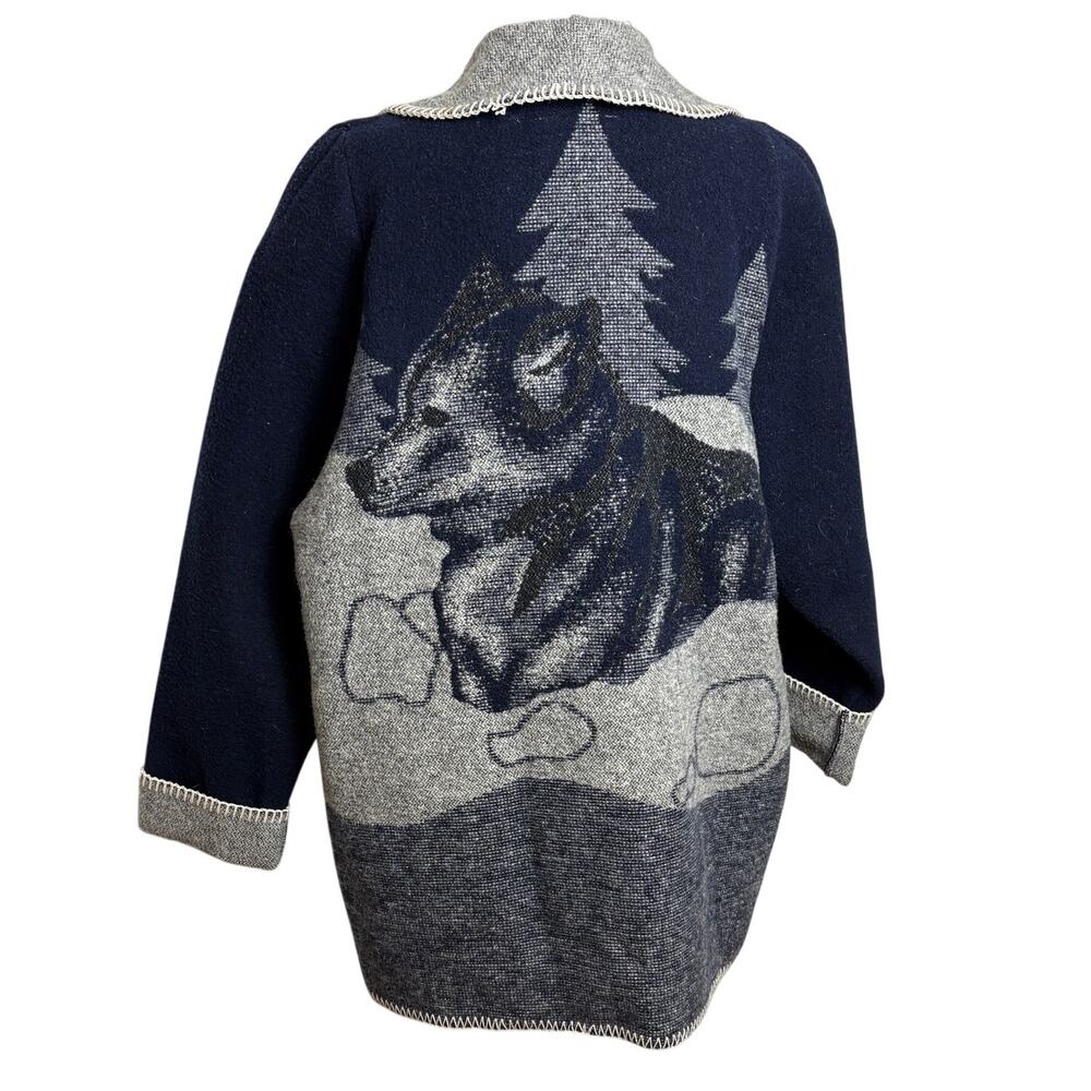 Vintage Wooded River Blue Gray Wool Wolf Cardigan Jacket Coat S Wolves Oversize